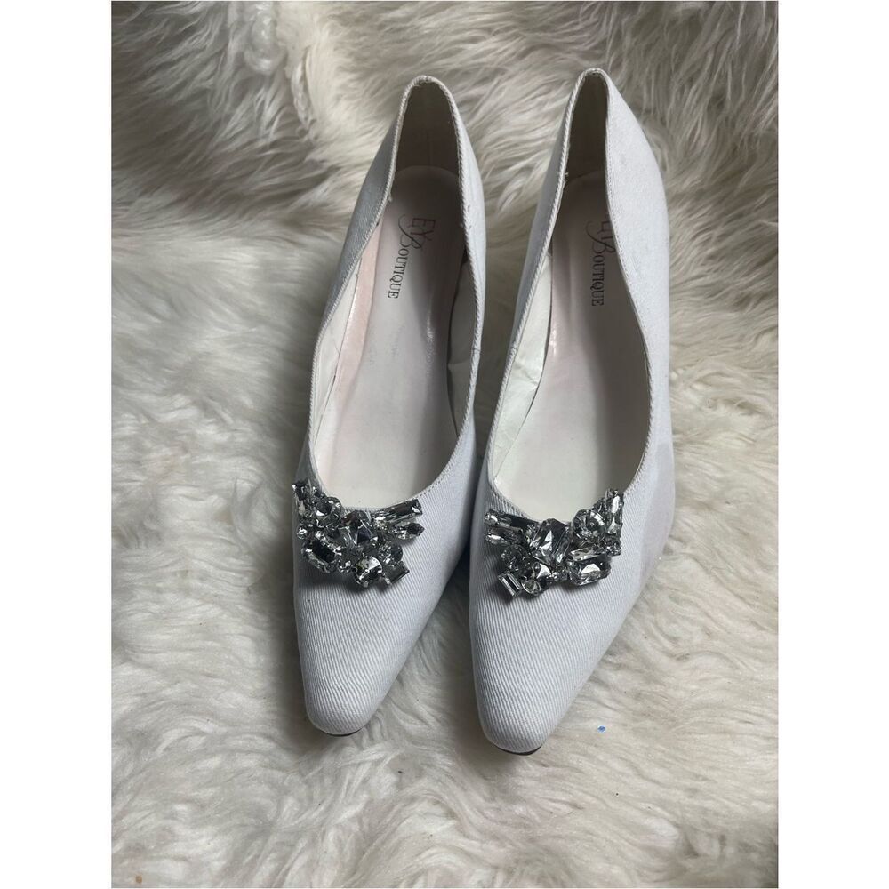 EY Boutique White Fabric canvas Jeweled Pointed-Toe slip on 3” heels SZ 12M